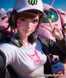 1female 1girls 2d ai_generated athletic athletic_female blush brown_eyes brown_hair cap d.va detailed female girl hat hi_res high_resolution highres light-skinned_female light_skin meka overwatch overwatch_2 pony_diffusion_xltasy selfie selfie_pose serotec small_breasts white_cap white_hat white_skin