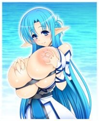 1girls akiraagata alternate_breast_size areola areolae asuna_(sao) asuna_(sao-alo) bangs bare_shoulders belt blue_background blue_eyes blue_hair blush border braid breast_grab breasts breasts_bigger_than_head breasts_out bursting_breasts chest_belt cleavage closed_mouth deep_skin detached_sleeves elf eyebrows_visible_through_hair fairy_(sao) female female_only gigantic_breasts grabbing grabbing_own_breast grey_belt hands_up huge_nipples human human_only lips long_ears long_hair long_pointy_ears long_sidelocks looking_at_viewer monochrome_background nail_polish pink_fingernails pink_nails pointy_ears sidelocks skindentation smile solo sword_art_online sword_art_online:_mother's_rosario teenage_girl teenager underboob undersized_clothes upper_body very_long_hair white_border white_dress yuuki_asuna