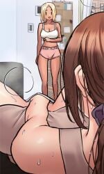 accidental_circumstance accidental_exposure blonde_hair brown_hair daughter fully_clothed incest keep_it_a_secret_from_your_mother large_breasts masturbation mother mother_and_daughter na-yeon tan_skin webtoon yeon-ah
