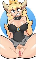 blonde_hair blue_background blue_eyes bowsette bracelet breasts cleavage clitoris clothed clothing collar crown female hair horn humanoid jewelry long_hair looking_at_viewer mario_(series) new_super_mario_bros._u_deluxe nintendo presenting presenting_pussy pubic_hair pussy sharp_teeth simple_background skylarkie solo spiked_armlet spiked_bracelet spiked_collar spikes super_crown transformation video_games white_background