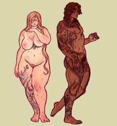 1boy 1girls big_breasts chubby dark-skinned_male dumbassthighs female long_hair male naked nude penis penis_out pubic_hair red_hair tagme tagme_(artist) tattoo thick_thighs unwisethighs