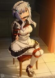 ai_generated bite_gag bondage looking_at_viewer maid maid_outfit maou_gakuin_no_futekigousha misha_necron on_chair red_rope rope rope_bondage rope_harness tied_to_chair tied_up tight_bondage