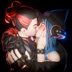 2girls 3d black_hair blender blue_eyes blue_hair blue_lipstick blue_nails blush crying crying_with_eyes_open dallasdallas442 fortnite fortnite:_battle_royale hope_(fortnite) incest kissing lipstick nail_polish pink_lipstick red_hair red_nails sisters stunned two_tone_hair valeria_(fortnite) yuri