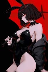 1girls ai_assisted black_bunny_ears black_bunnysuit black_hair black_short_hair bracelet bunny_ears bunnysuit chocker clothed deadlock fangs fangs_out female female_only mina_(deadlock) minimalist_background necklace no_penetration painted_nails red_eyes short_hair solo_female stockings umbrella vampire vampire_girl white_body yan_kodiac