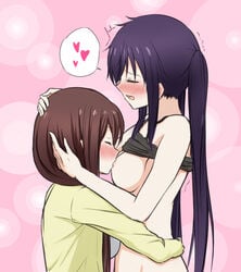 2girls 5tb blush breast_sucking brown_hair closed_eyes ebisuzawa_kurumi eyebrows_visible_through_hair gakkou_gurashi! multiple_girls open_mouth purple_hair shirt_up speech_bubble text wakasa_yuuri yuri