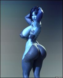 3d 3d_(artwork) arms_behind_head big_ass big_breasts big_butt blender blender_(software) blue_body blue_skin bob_cut brick_render busty cortana daz3d daz_studio halo_(series) high_resolution highres looking_at_viewer looking_back looking_back_at_viewer nipples sideboob simple_background solo solo_female thick_ass video_games