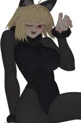 alternative_costume animal_ears arcueid_brunestud blonde_hair cat_ears color costume female hips huge_breasts kagetsu_tohya leo. leotard looking_at_viewer melty_blood monster_cat(kagetsu_tohya) pantyhose paw_pose red_eyes short_hair solo tsukihime type-moon vampire vampire_girl wink