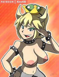 1girls armband blonde_hair blue_eyes bowsette breasts cleavage collar female gender_transformation horns kiroxiii looking_at_viewer mario_(series) new_super_mario_bros._u_deluxe nintendo nude rule_63 solo super_crown video_games