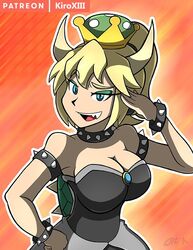 armband blonde_hair blue_eyes bowsette clothed collar dress gender_transformation horns kiroxiii looking_at_viewer mario_(series) new_super_mario_bros._u_deluxe nintendo rule_63 solo super_crown video_games