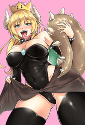 big_breasts black_legwear black_swimsuit blonde_hair blush bowsette cameltoe cleavage collar crown exposing female female_only genderswap heart-shaped_pupils horns jewelry kirisaki_byakko leotard lizard_tail long_tongue mario_(series) navel new_super_mario_bros._u_deluxe nintendo partially_visible_vulva saliva sharp_teeth shell shiny_skin skirt_lift slit_pupils spiked_bracelet spiked_collar tail thighhighs tongue tongue_out