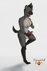 2018 animal_genitalia animal_penis anthro balls big_nipples breasts cowardlion cum dickgirl digital_media_(artwork) erection fur furry grey_fur hair hyena intersex mammal masturbation nipples open_mouth penis simple_background smile standing tongue tongue_out