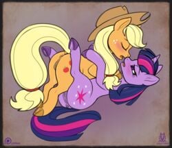 2018 anus applejack_(mlp) blonde_hair blush closed_eyes cowboy_hat duo earth_pony embrace equine female feral feral_on_feral freckles friendship_is_magic hair half-closed_eyes hat hi_res horn horse inner_ear_fluff lichfang lying mammal multicolored_hair my_little_pony on_back pony pussy pussy_juice saliva saliva_string simple_background twilight_sparkle_(mlp) underhoof unicorn wings yuri