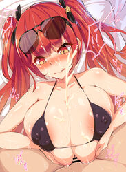 azur_lane bed big_breasts bikini blush breasts censored cum ejaculation facial honolulu_(azur_lane) huge_breasts paizuri pigtails red_eyes red_hair samurai_(movemusic) sunglasses swimsuit