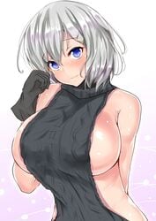 artist_request barely_covered black_gloves black_sweater blue_eyes blush breasts character_request dark_blue_eyes huge_ass huge_breasts large_breasts no_bra no_panties sideboob sleeves smile thick_thighs virgin_killer_sweater white_hair wide_hips