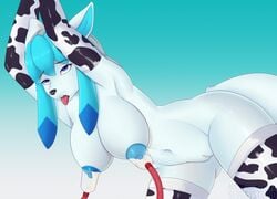 1girls 2018 abs ahe_gao anthro anthrofied armwear belly bent_over big_breasts biped black_nose blue_background blue_eyes blue_hair blue_nipples breast_milking breasts canine clothing cool_colors cow_print ears_back eeveelution elbow_gloves eye_roll eyebrows eyelashes female female_only front_view furry glaceon gloves gradient_background grey_hair hair half-length_portrait hands_above_head huge_breasts lactation leaning leaning_forward legwear looking_up lunarii machine mammal milk milking_machine mostly_nude multicolored_hair navel nintendo nipples open_mouth pink_pussy pokémon_(species) pokemon pokemon_(species) pokemon_dppt pokemorph portrait pussy raised_arm red_tongue saliva saliva_string simple_background solo text thigh_highs tongue tongue_out two_tone_hair video_games watermark white_background white_body white_tail