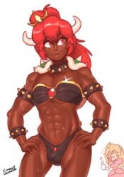 1boy 1girls abs ambush_(trap) bowser_logo bowser_tattoo bowsette bulge choker combos-n-doodles crown dark-skinned_femboy dark-skinned_male dark_skin fangs female femboy genderswap_(ftm) horns male male_bowsette male_focus mario_(series) muscular_femboy muscular_trap navel new_super_mario_bros._u_deluxe nintendo princess_peach pubic_tattoo red_bowsette red_eyes red_hair rule_63 solo super_mario_bros. tattoo thong trap