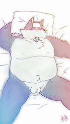 2015 anthro balls bed belly blush canine fukami_youhei invalid_tag male male_only mammal mekko_rarekko moobs navel nipples overweight overweight_male penis solo 糖老爺