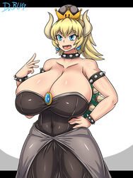 artist_name black_dress blonde_hair blue_eyes bowsette bracelet breasts cleavage clothed collar collarbone crown cute_fang dr.bug dress earrings female female_only front_view fusion genderswap hand_on_hip highres horns huge_breasts humanoid mario_(series) new_super_mario_bros._u_deluxe nintendo open_mouth rule_63 shell skindentation solo spiked_bracelet spiked_collar spiked_shell standing tight_clothes voluptuous wide_hips