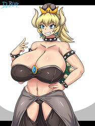 armlet artist_name black_panties blonde_hair blue_eyes bowsette bracelet breasts cleavage clothed collar collarbone crotchless_clothes crown dr.bug earrings female female_only front_view fusion genderswap hand_on_hip highres horns huge_breasts humanoid mario_(series) navel new_super_mario_bros._u_deluxe nintendo panties rule_63 shell skindentation skirt smile solo spiked_armlet spiked_bracelet spiked_collar spiked_shell standing tight_clothes voluptuous wide_hips