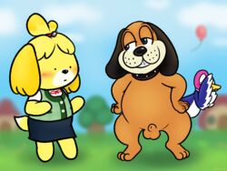 2018 animal_crossing animal_crossing:_new_leaf anthro balloon balls bell_hair_tie blurred_background blush canine clothed clothed/nude clothed_female_nude_male clothing collar covering_face crossover dog dog_ears dog_girl dog_tail dot_eyes duck duck_hunt duck_hunt_dog duck_hunt_duck duo_focus embarrassed female feral grin group isabelle_(animal_crossing) male mammal nintendo nishi nude ribbon semi-anthro sheath skirt smile super_smash_bros. super_smash_bros._ultimate vest video_games wings