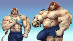 anthro beard body_hair bulge chest_hair clothed clothing facial_hair feline growth huge_bulge lion looking_at_viewer male male_only mammal muscle_growth musclegut muscular muscular_male oldshep pants pecs pubes shirt solo standing tank_top topless