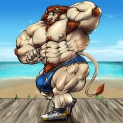 anthro armpit_hair balls beard big_balls big_bulge bulge clothed clothing facial_hair feline footwear huge_balls hyper hyper_muscles lion looking_at_viewer male male_only mammal muscular muscular_male oldshep pecs shoes solo standing tight_clothing topless