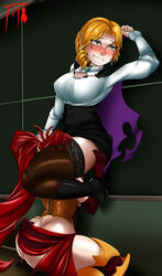 2girls against_wall ass between_thighs big_thighs biting_lip blonde_hair blushing corset cunnilingus female_only glynda_goodwitch green_eyes hand_on_head high_heel_boots multiple_girls pyrrha_nikos red_hair rwby student suicidetoto teacher teacher_and_student thighs yuri