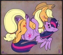 2018 alicorn anus applejack_(mlp) blonde_hair blush closed_eyes cowboy_hat duo earth_pony embrace equine female feral feral_on_feral freckles friendship_is_magic hair half-closed_eyes hat hi_res horn horse inner_ear_fluff lichfang lying mammal multicolored_hair my_little_pony on_back pony pussy pussy_juice saliva saliva_string simple_background twilight_sparkle_(mlp) underhoof wings yuri