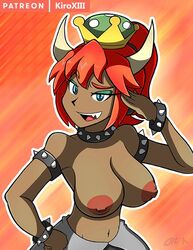 1girls armband blue_eyes bowsette breasts cleavage collar dark_skin female gender_transformation horns kiroxiii looking_at_viewer mario_(series) new_super_mario_bros._u_deluxe nintendo nude red_bowsette red_hair rule_63 solo super_crown tan topless video_games