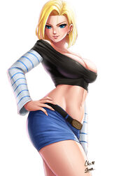 android_18 blonde_hair blue_eyes breasts cleavage curvy dragon_ball erect_nipples female female_only huge_breasts nipples onewasho short_hair solo thick_lips voluptuous wide_hips