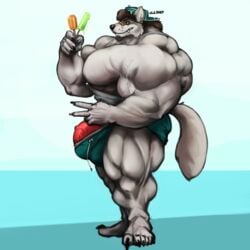 anthro barely_contained beard big_penis canine clothed clothing dessert facial_hair food gesture hat huge_cock humanoid_penis hyper hyper_muscles ice_cream looking_at_viewer male male_only mammal muscular muscular_male oldshep pecs penis solo standing topless v vein veiny_penis