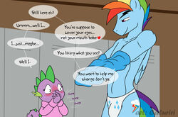 anthro barb_(mlp) blush bodysuit caluriri clothed clothing comic cub dragon duo english_text equine female friendship_is_magic green_eyes horse looking_back male mammal my_little_pony open_mouth pony rainbow_blitz_(mlp) rainbow_dash_(mlp) rule_63 smile smooth_skin spike_(mlp) sweater text tight_clothing underwear undressing