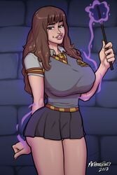 1girls 2017 artist_name ass ass_expansion bimbo bimbofication breast_expansion breasts brown_eyes brown_hair curvy engorgement_charm female female_only happy harry_potter hermione_granger hourglass_figure huge_breasts large_ass long_hair looking_at_viewer magic miniskirt mrpotatoparty panties school_uniform short_skirt skirt skirt_lift solo transformation wand witch witchcraft