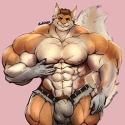 anthro big_bulge bulge clothed clothing hyper hyper_muscles looking_at_viewer male male_only mammal muscular muscular_male oldshep pecs pubes rodent smile solo squirrel standing tight_clothing topless