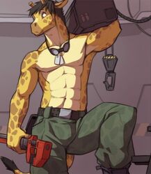 1boy abs camo_pants camouflage_pants dog_tags furry furry_only giraffe goggles kadath kadath_universe male male_focus male_only muscular muscular_male patrick_(kadath) short_hair solo solo_focus source_request tail topless wrench year_request