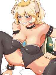 1girls aqua_eyes bar_censor bare_shoulders belly black_leotard blonde_hair blush bowsette bracelet breasts brooch censored collar crown earrings female genderswap genderswap_(mtf) grin hair_between_eyes highres imminent_vaginal impossible_clothes impossible_leotard jewelry large_breasts leotard leotard_aside looking_down mario_(series) naughty_face navel new_super_mario_bros._u_deluxe nintendo noct_act ponytail pussy rule_63 shell shiny shiny_hair shiny_skin sidelocks smile solo spiked_bracelet spiked_collar spikes squatting strapless strapless_leotard sweat sweatdrop thick_thighs thighs