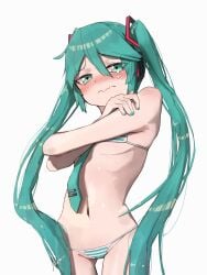 1girls armpits belly_button bikini blush covering crying embarrassed female female_focus female_only hatsune_miku ki_romaru long_hair looking_at_viewer nail_polish simple_background small_breasts solo solo_female solo_focus striped_bikini tearing_up tears tie twintails vocaloid white_background