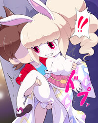 10s 1boy amano_keita amano_keita_(youkai_watch) animal_ears breasts brown_hair bunny bunny_ears cum female high_ponytail japanese_clothes kimono level-5 long_hair midriff nate_adams nipples nollety one_leg_up open_mouth penis pink_eyes pussy sex snow_rabi snow_spect-hare yo-kai(species) yo-kai_watch yo-kai_watch_3 youkai youkai_watch yōkai