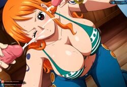 ai_generated big_breasts brown_eyes cum cumshot female handjob juanpiamvs long_hair nami nami_(one_piece) one_piece orange_hair patreon patreon_username subscribestar subscribestar_username watermark