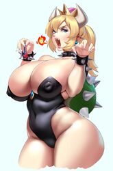 1boy 1girls big_breasts blonde blonde_hair blue_eyes bowsette breasts cleavage crown female female_focus genderswap horns large_breasts looking_at_viewer male mario mario_(series) new_super_mario_bros._u_deluxe nintendo ponytail solo_focus space_(uchuu) spiked_bracelet spiked_collar spiked_shell super_mario_bros. swimsuit thick_thighs thunder_thighs voluptuous yuzhou