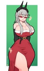 2d armwear big_breasts breasts christmas cleavage curvy dress fortnite fortnite:_battle_royale hairband kerosin lexa_(fortnite) long_hair looking_at_viewer princess_lexa_(fortnite) red_eyes simple_background tagme thick_thighs thighs white_hair