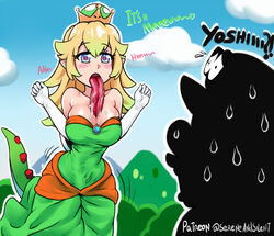 1boy 1girls bare_shoulders blonde_hair blue_eyes blush breasts brooch bushes cappy_(mario) cleavage clothing clouds crown dress elbow_gloves eyebrows_visible_through_hair female gloves half-closed_eyes heart-shaped_pupils hills implied_autocunnilingus long_hair long_tongue male mario mario_(series) motion_lines new_super_mario_bros._u_deluxe nintendo open_mouth pale_skin saliva sereneandsilent sharp_teeth shell silhouette super_crown super_mario_odyssey sweat sweatdrop tail text tongue tongue_between_breasts tongue_out wide_hips yoshette yoshi