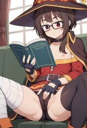 ai_generated black_panties female female_focus fingering googles kono_subarashii_sekai_ni_shukufuku_wo! masturbation megumin pixiv reading reading_book teasing touching_pussy