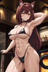 ai_generated armpit_fetish armpits arms_up big_breasts bikini breasts cat_ears clothing collar feline hb_(monkeysa4444) maroon_hair monkeysa4444 muscular muscular_female nude solo tail yellow_eyes