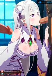 ai_generated big_breasts blowjob emilia_(re:zero) female juanpiamvs long_hair patreon patreon_username purple_eyes re:zero_kara_hajimeru_isekai_seikatsu subscribestar subscribestar_username sucking_penis watermark