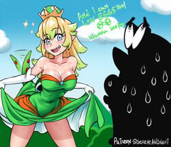 1boy 1girls bare_shoulders blonde_hair blue_eyes blush breasts brooch bushes cappy_(mario) cleavage clothing clouds crown dress dress_lift elbow_gloves eyebrows_visible_through_hair female gloves half-closed_eyes hills long_hair male mario mario_(series) motion_lines new_super_mario_bros._u_deluxe nintendo open_mouth pale_skin saliva sereneandsilent sharp_teeth shell silhouette sparkle super_crown super_mario_odyssey sweat sweatdrop tail tailwag text thick thick_thighs thighs wide_hips yoshette yoshi