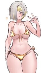 1girls bikini breasts gold_bikini kromer_(limbus_company) limbus_company migishita peace_sign project_moon silver_hair tagme