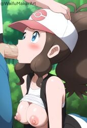 1boy 1boy1girl 1girls ai_generated assisted_fellatio blowjob blush breasts breasts breasts_out cock creatures_inc. fellatio female game_freak hand_on_head hat hi_res high_resolution highres hilda_(pokemon) huge_cock huge_cock looking_up male male/female medium_breasts muscular_male nintendo nipples outdoors outside penis penis_in_mouth pink_nipples pokemon saliva saliva_drip saliva_on_penis shirt_lift testicles tits_out tree veiny_penis waifumakerart wood