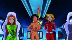 accurate_art_style alex_(totally_spies) belt big_breasts big_nipples black_hair blonde_hair blue_eyes brown_skin casual clothed_female dark_skin edit female footwear green_eyes handwear hazel_eyes huge_breasts human nipples nude nude_female nude_filter orange_hair pale_skin poivoit redhead screenshot screenshot_edit short_hair totally_spies trio yellow_eyes