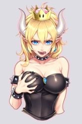 1girls blonde_hair blue_eyes bowsette breast_grab breasts chimachi female female_only genderswap horns mario_(series) new_super_mario_bros._u_deluxe nintendo seductive solo